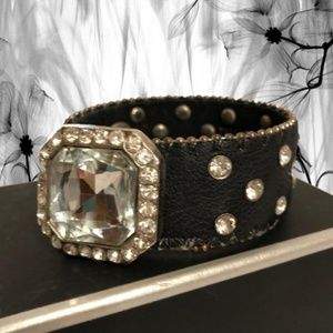 Black leather cuff with studs and Large rhinestone